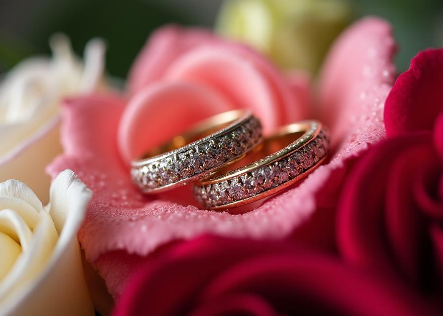 Gambar makro cincin perkahwinan di atas sejambak bunga